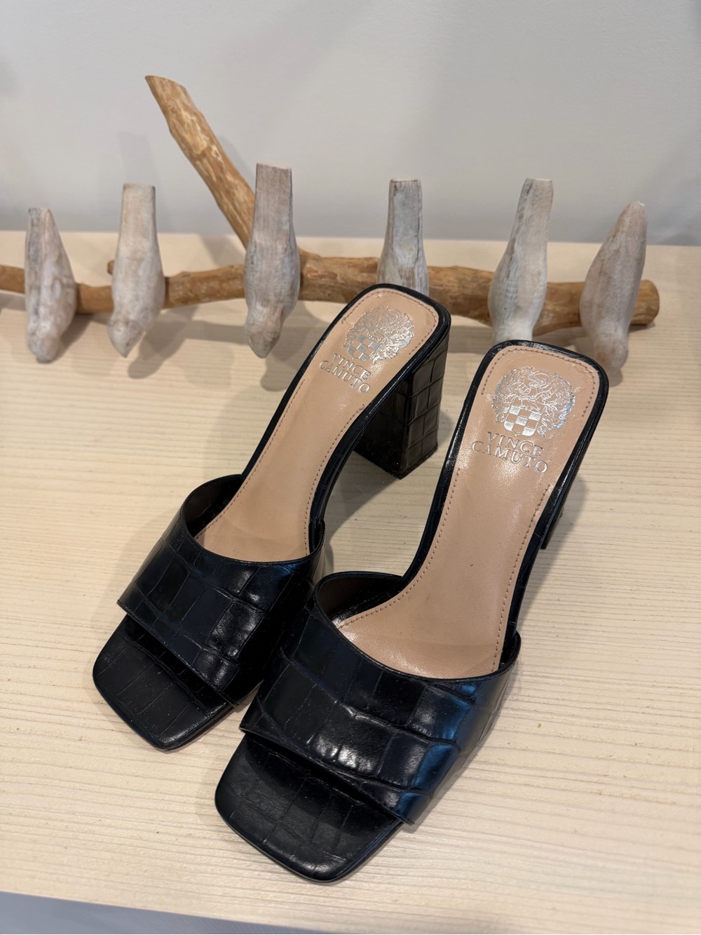 Vince Camuto Black Croc-Embossed Block Heel Slide Sandals